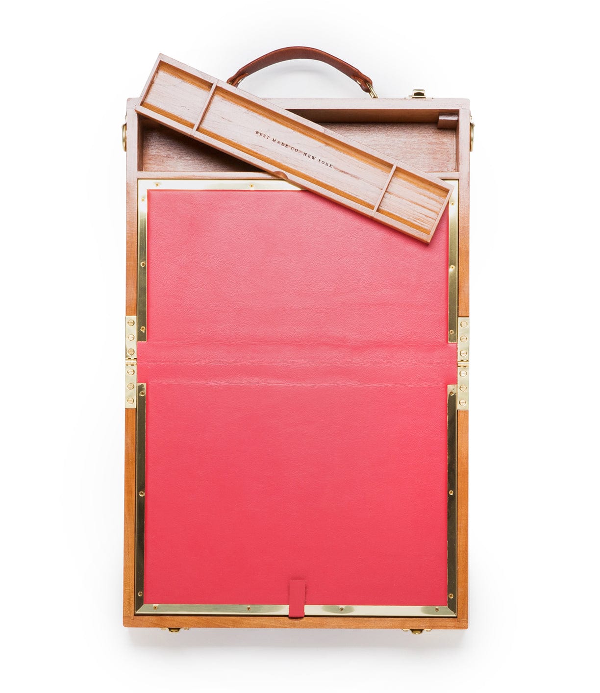 A wooden easel box with a leather interior, metal hinges, and a compartmented lid. The interior is lined with red material, and the lid is propped open, revealing additional storage compartments.