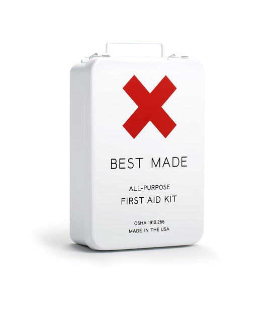 White metal first aid kit with a red cross and Best Made All-Purpose First Aid Kit text. It is OSHA 1910.266 compliant and made in the USA.