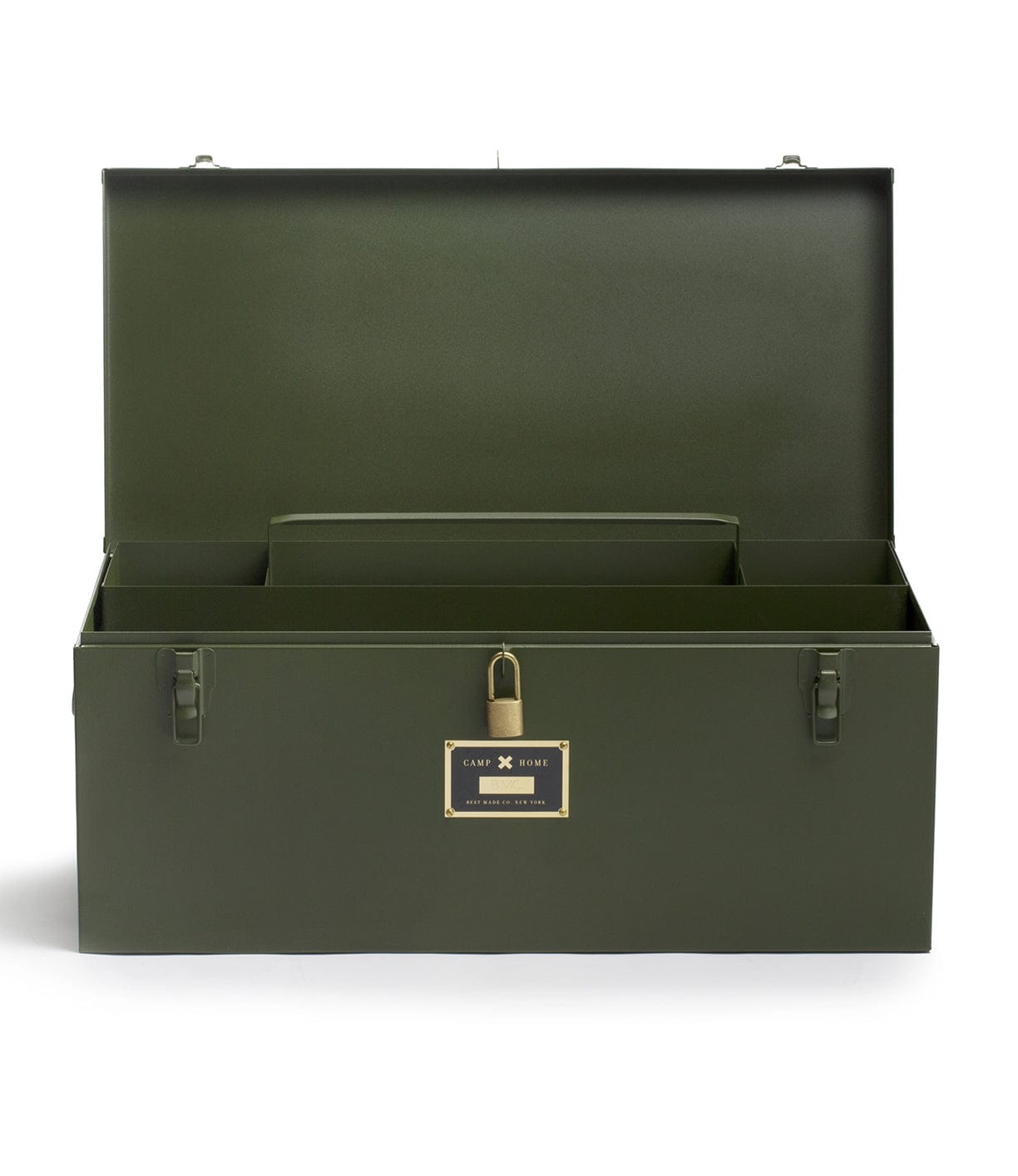 An open olive green metal storage trunk with a hinged lid, interior compartment, latch closures, and a small nameplate on the front.