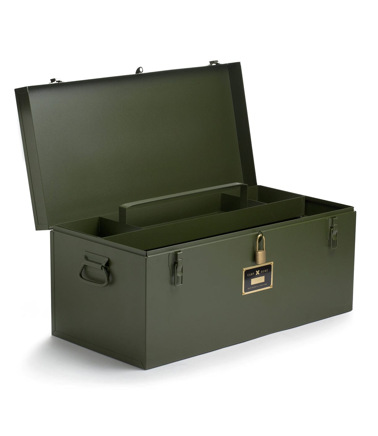 A green metal trunk with an open lid, featuring a lock in the front center and two handles on the sides. There are multiple compartments inside for storage.