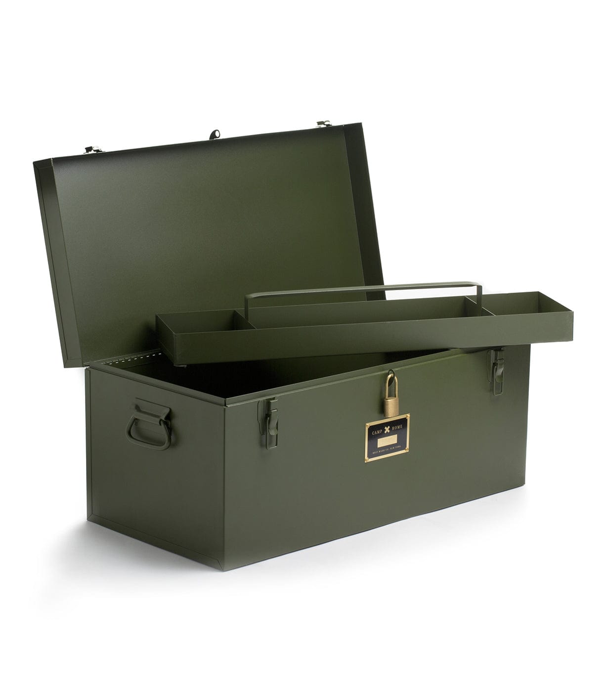 An open, green metal storage chest with a handle on each side, showing an internal removable tray.