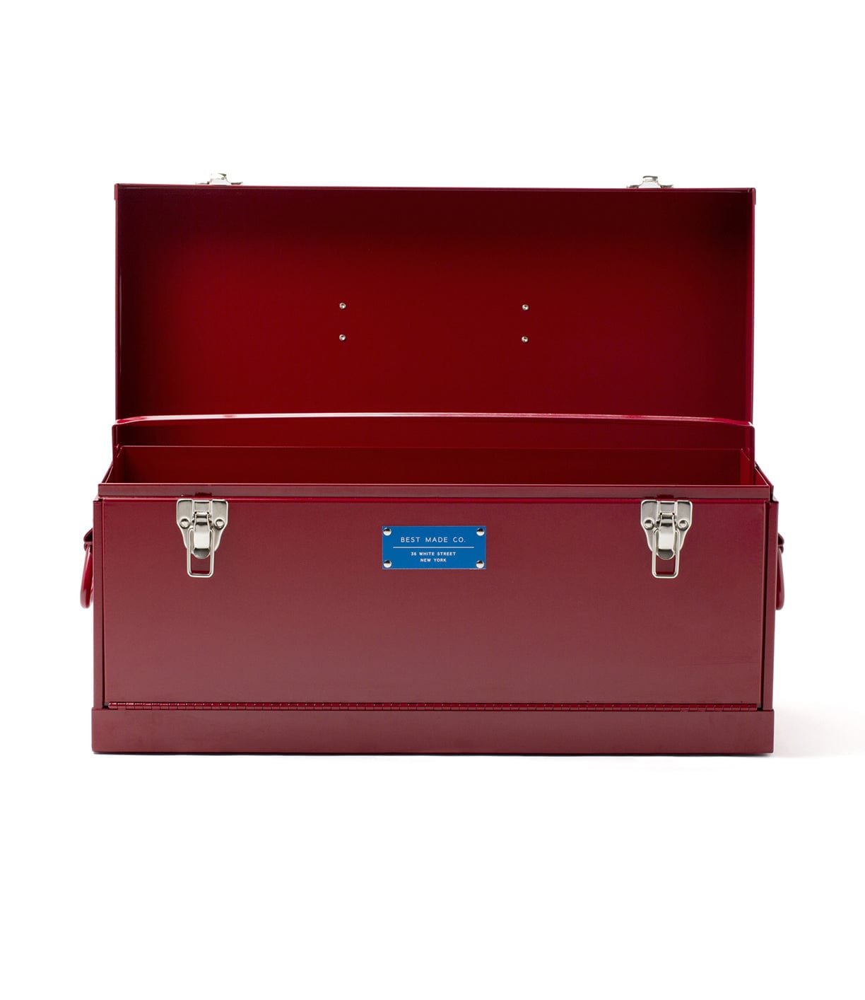 A red Toolbox with an open lid showing an empty interior, featuring a label that reads BEST MADE CO. on the front.