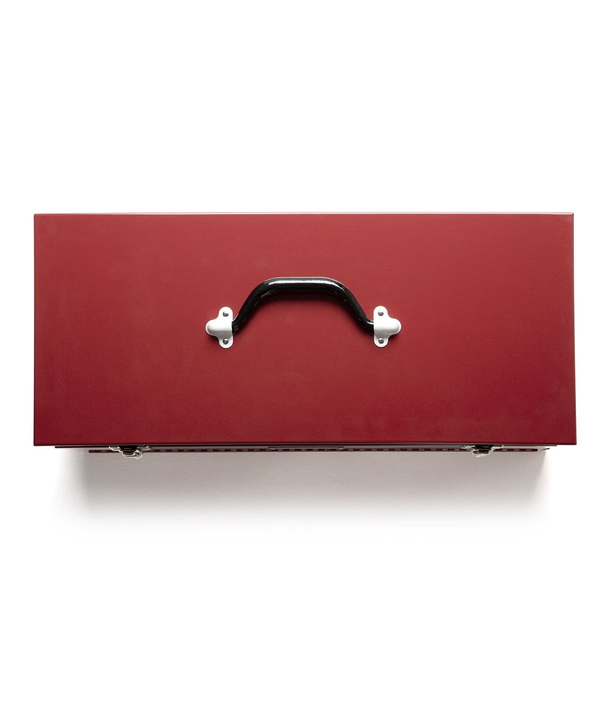 A maroon rectangular toolbox with a black handle centered on the top, viewed from above on a plain white background.