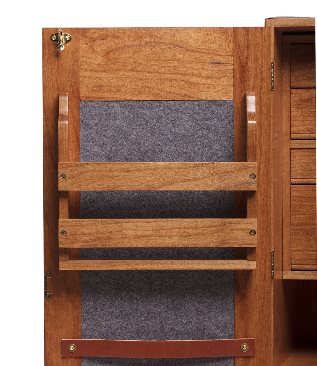 Wooden cabinet with open door showing interior featuring racks, shelves, and a felt backing.