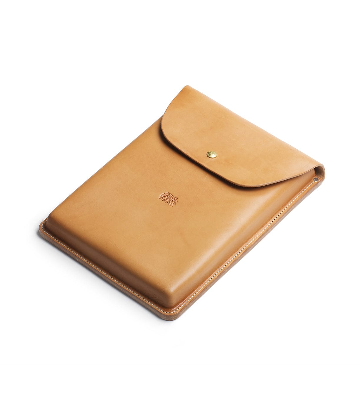 A tan leather envelope-style pouch with a button closure and visible stitching along the edges, displayed on a white background.