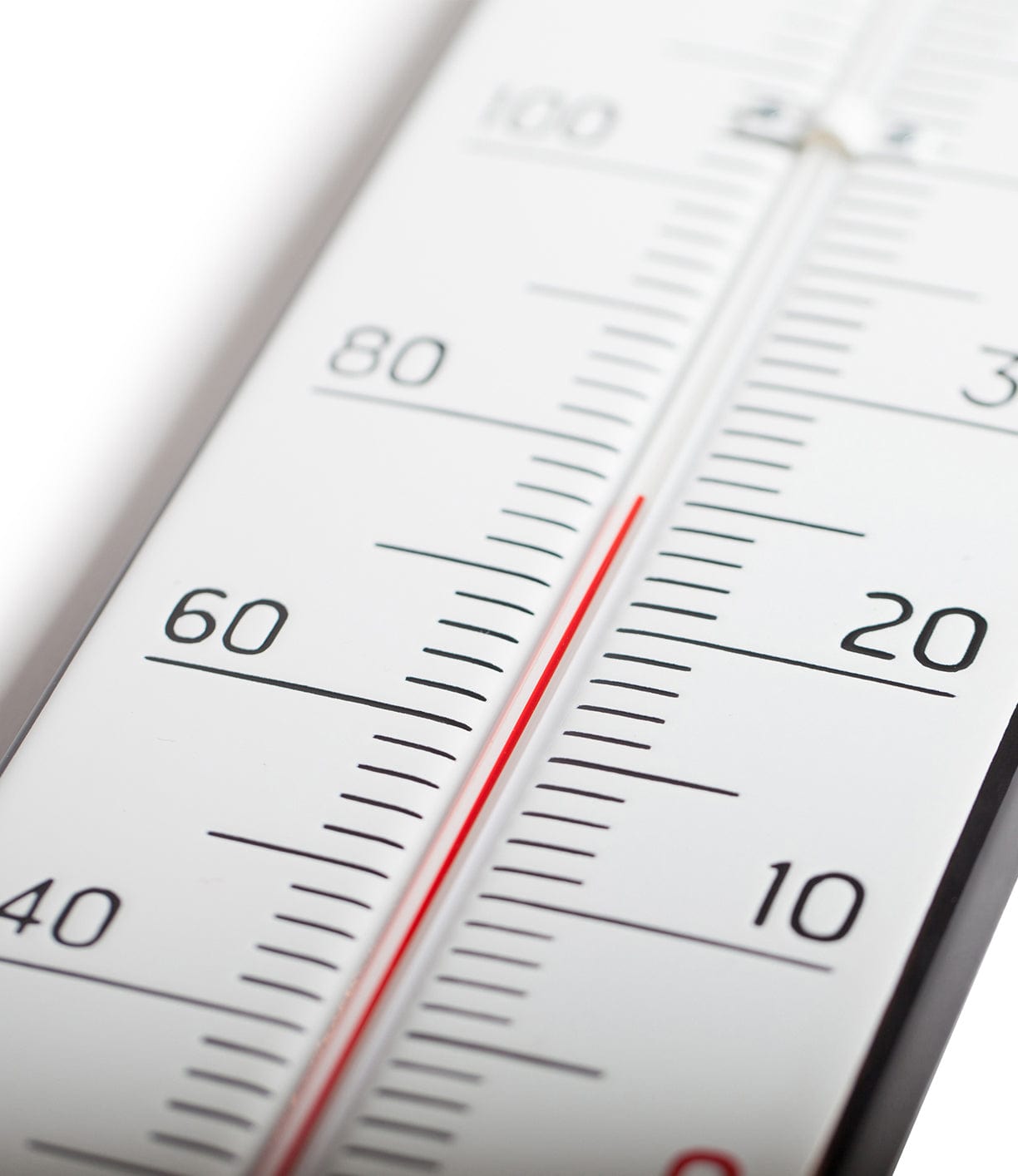 Close-up of a thermometer showing a temperature of approximately 60 degrees Fahrenheit.