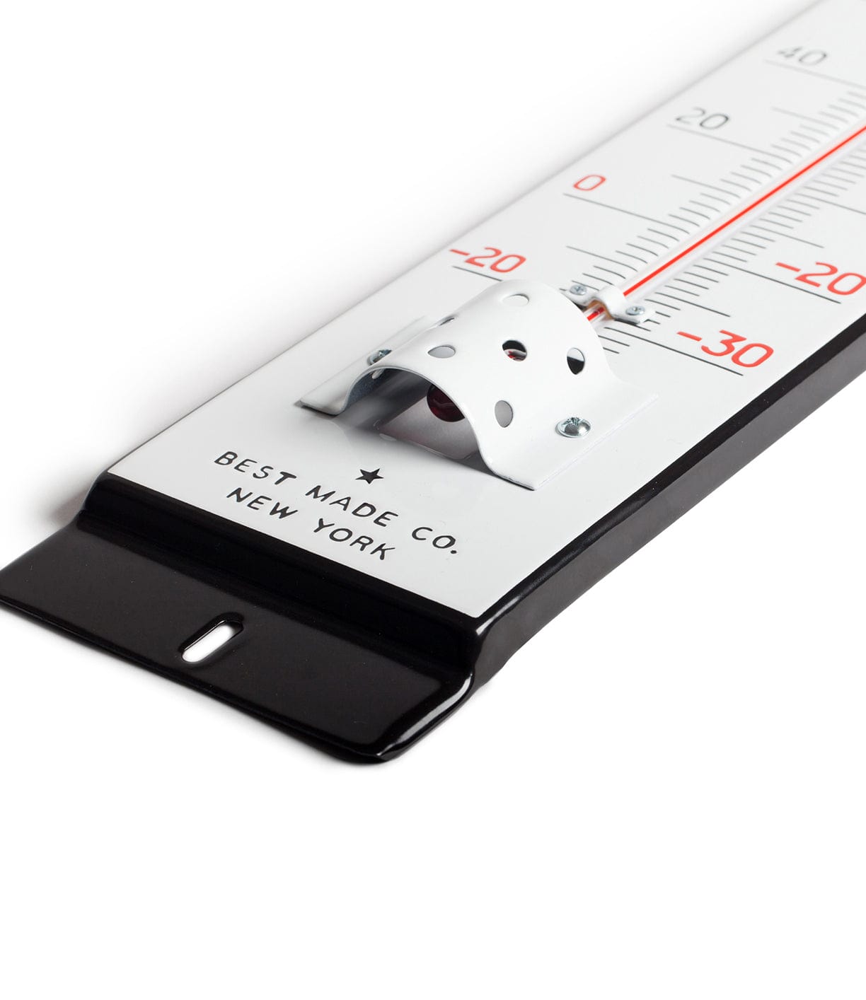 Close-up of a black and white wall-mounted thermometer from Best Made Co., New York, showing a temperature scale ranging from -40 to 50 degrees.