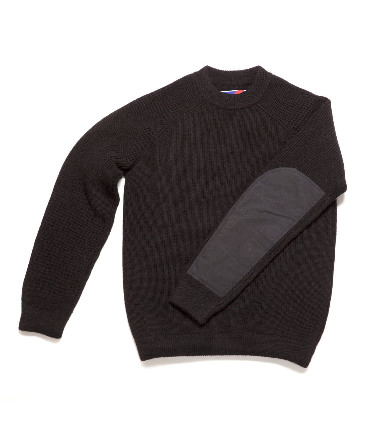 Black sweater with long sleeves and a gray elbow patch on the right sleeve, laid flat on a white background.