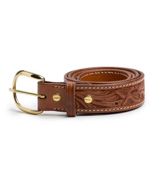 A rolled brown leather belt with intricate floral patterns, white stitching along the edges, and a gold-colored metal buckle.