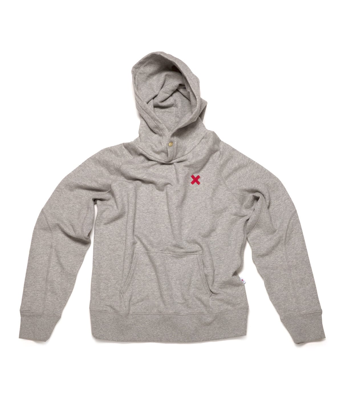 A gray pullover hoodie with a kangaroo pocket and a red X on the left chest area.