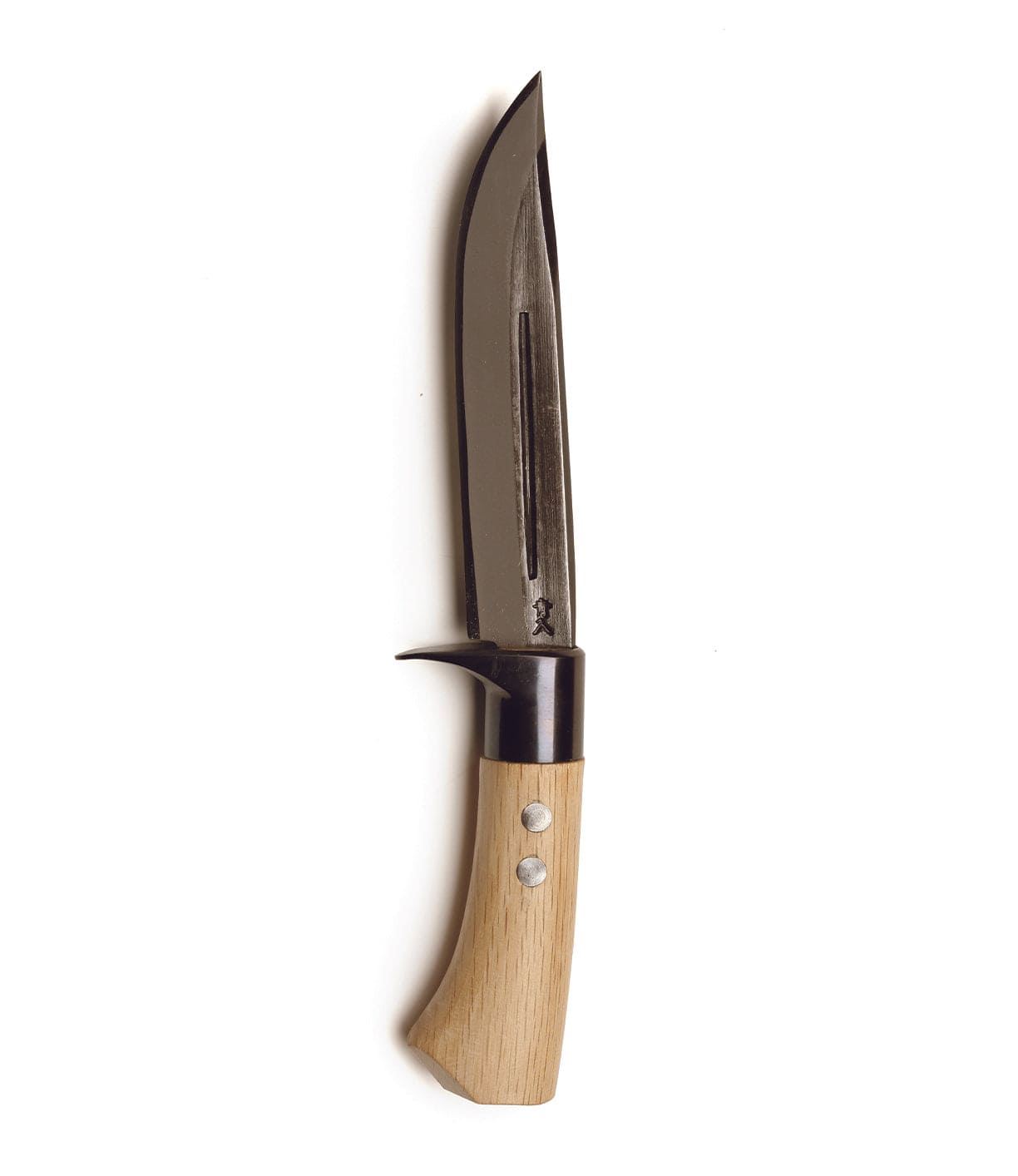 A fixed-blade knife with a wooden handle and a metal guard, featuring a slightly curved blade and two rivets securing the handle.