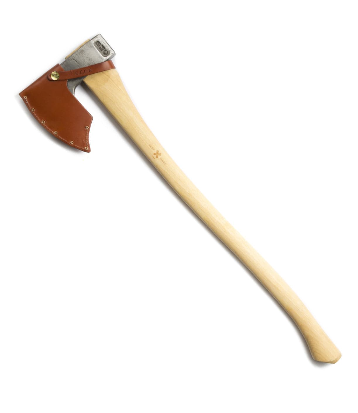 A wood-handled axe with a metal head covered by a brown leather sheath.