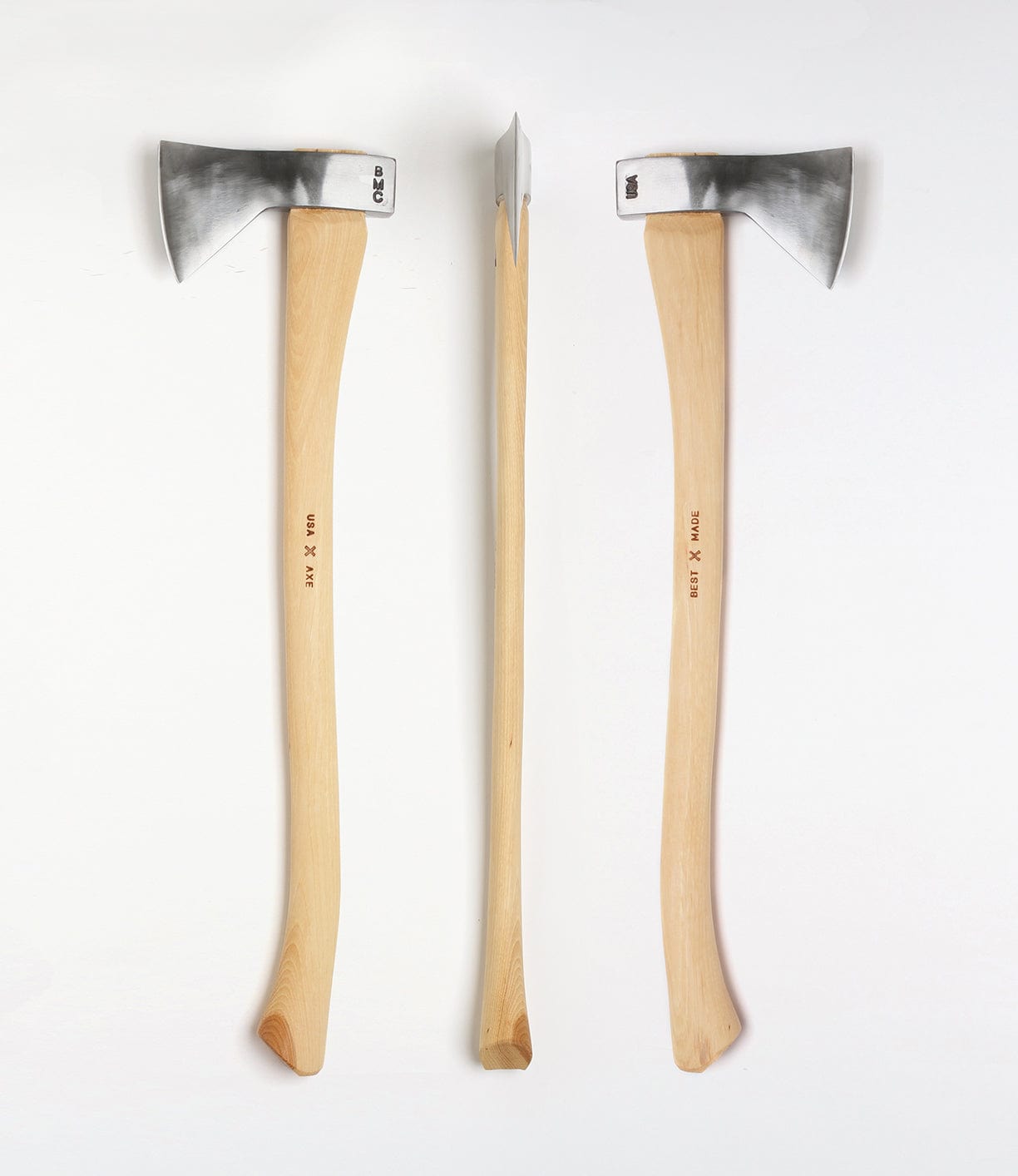 Three axes with wooden handles and metal blades are displayed upright against a plain white background. Two axes are shown with their blades facing outward, and one is shown with the blade pointing forward.