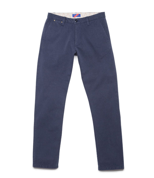 A pair of dark blue trousers with a button and zip closure, featuring two front pockets and belt loops.