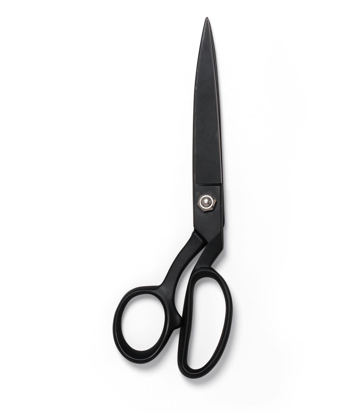 A pair of black scissors with a sleek design, featuring a sharp, pointed blade and ergonomic handles, is shown against a white background.