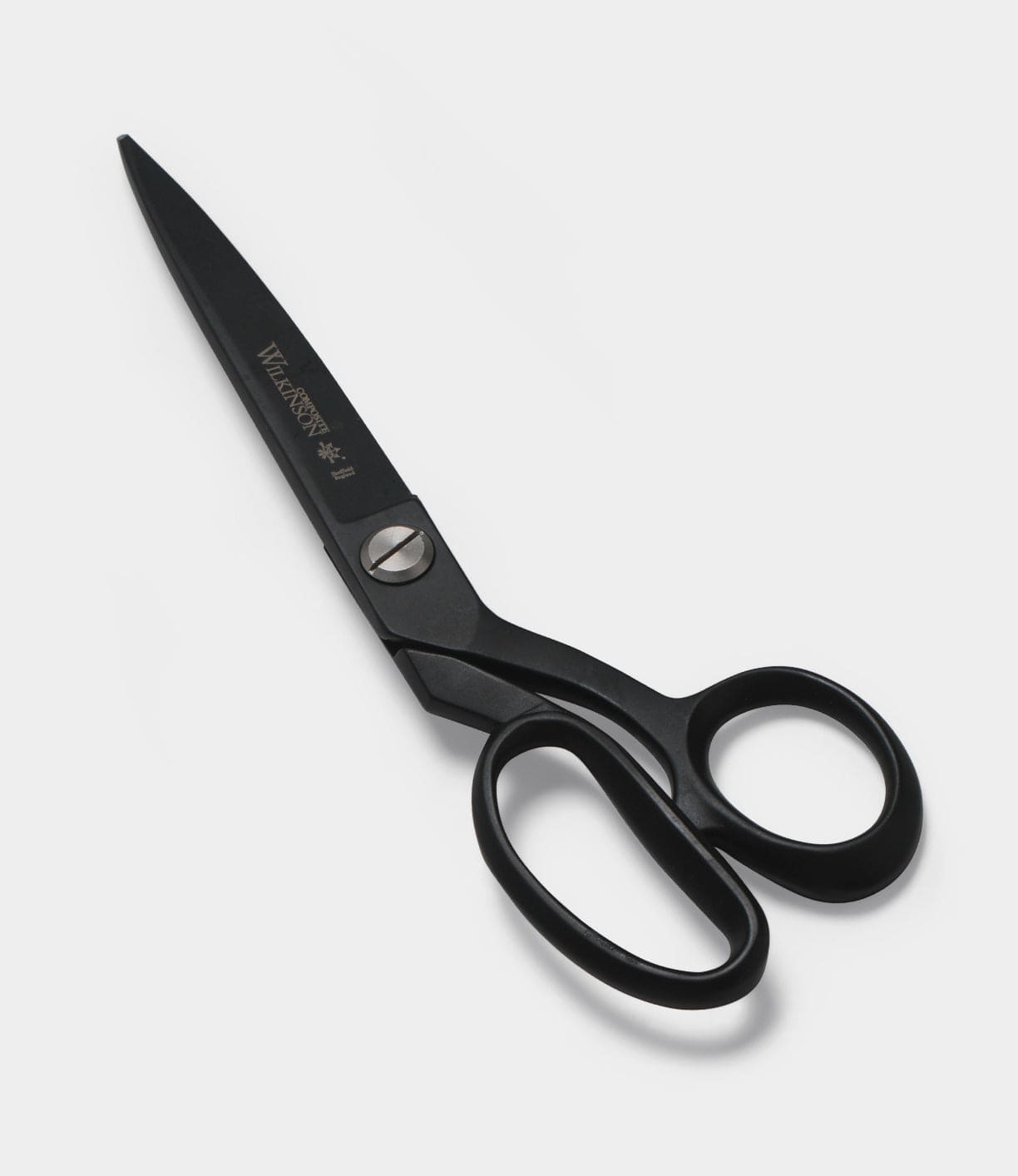 Black metal scissors with a straight handle and sharp blades. The brand name is visible on one blade.