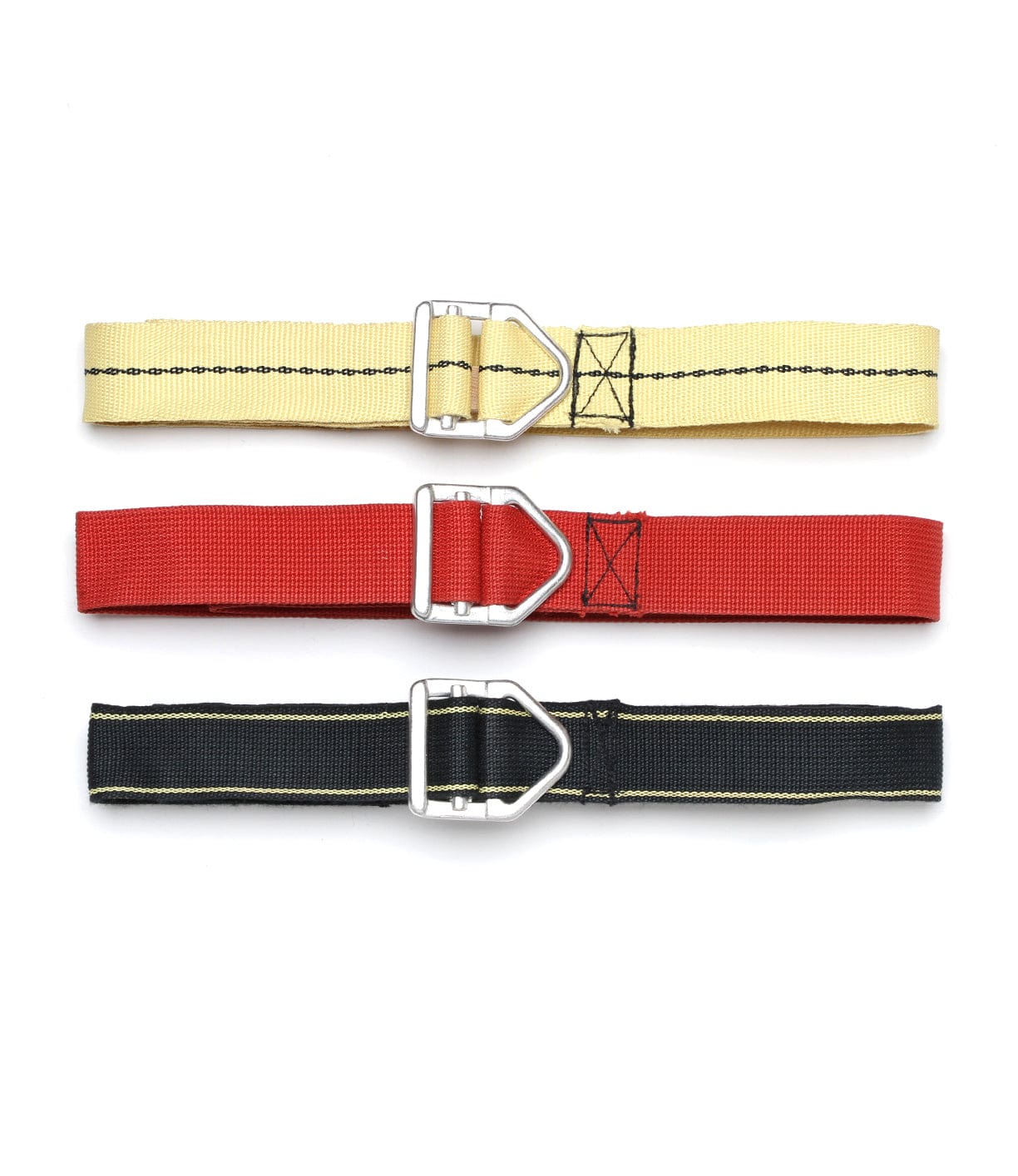 Three fabric straps in yellow, red, and black, each with a metal triangle-shaped buckle, arranged horizontally on a white background.