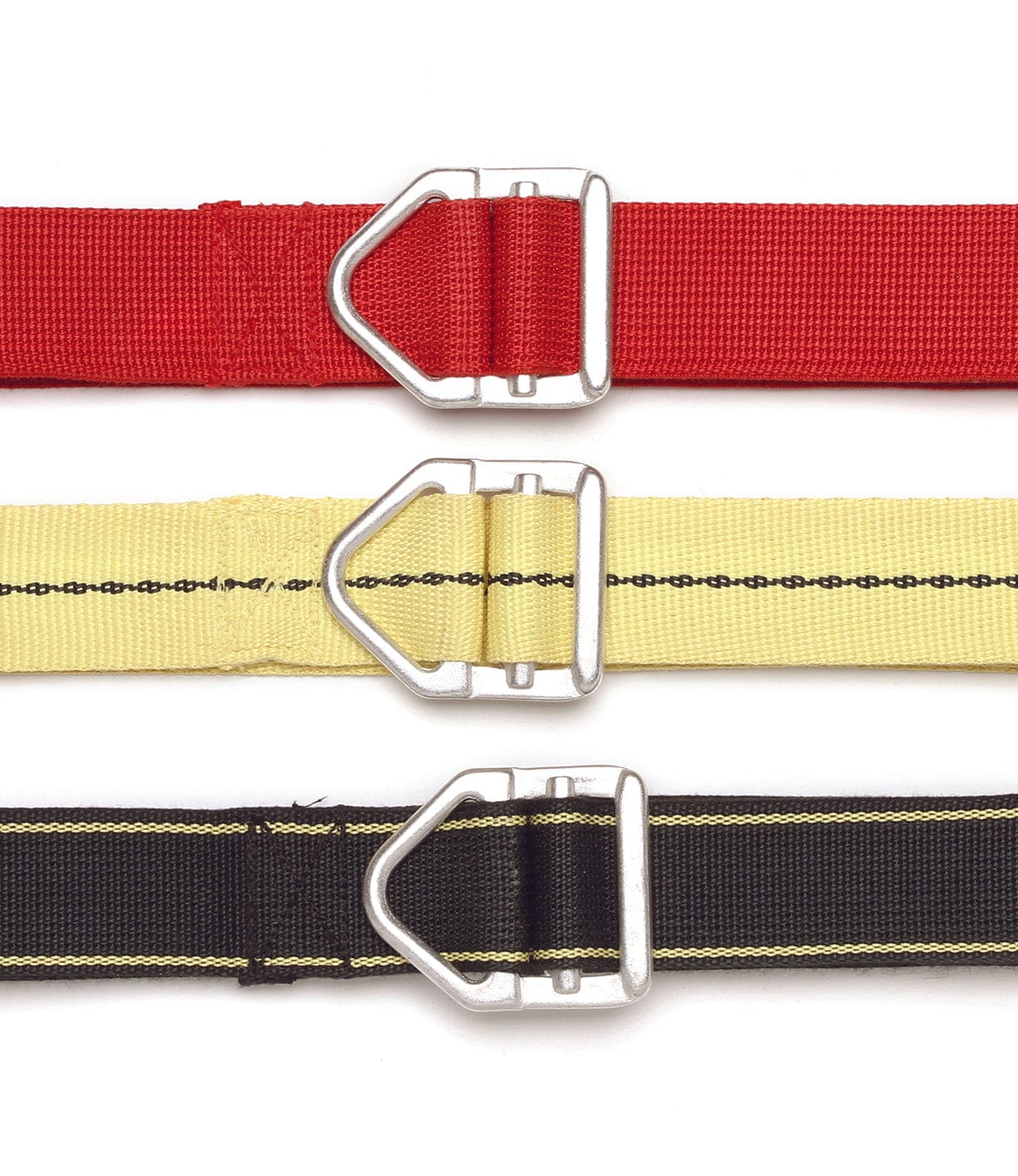 Three fabric belts are aligned horizontally. The top belt is red, the middle belt is yellow with a black dotted line, and the bottom belt is black with a yellow striped line. All belts have D-ring buckles.