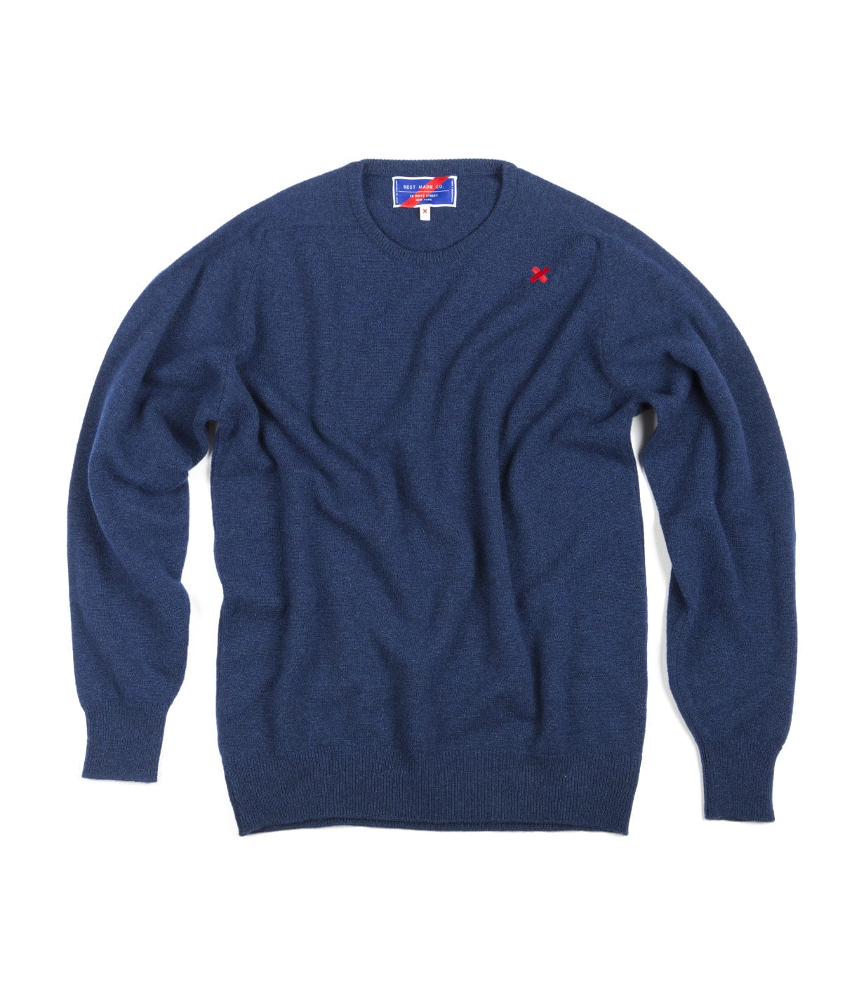 A blue crewneck sweater with long sleeves and a small red embroidered logo on the upper left chest.