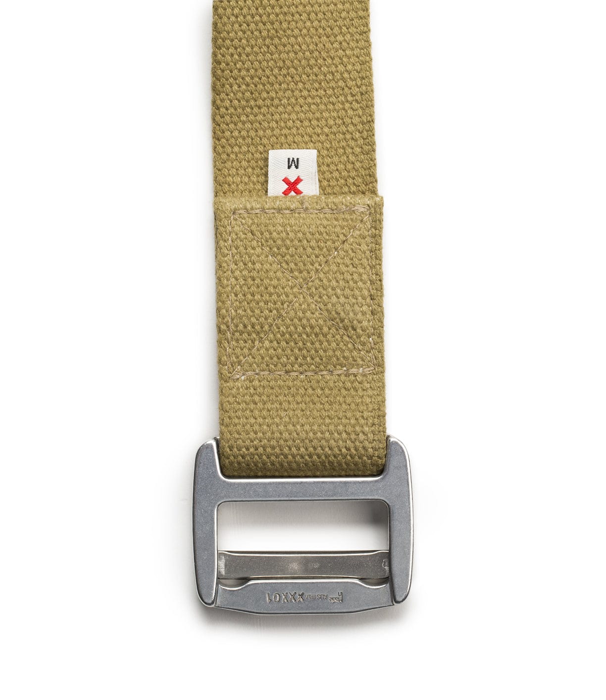 Close-up of a khaki woven strap with a silver buckle and a small white tag marked with a red X and M.