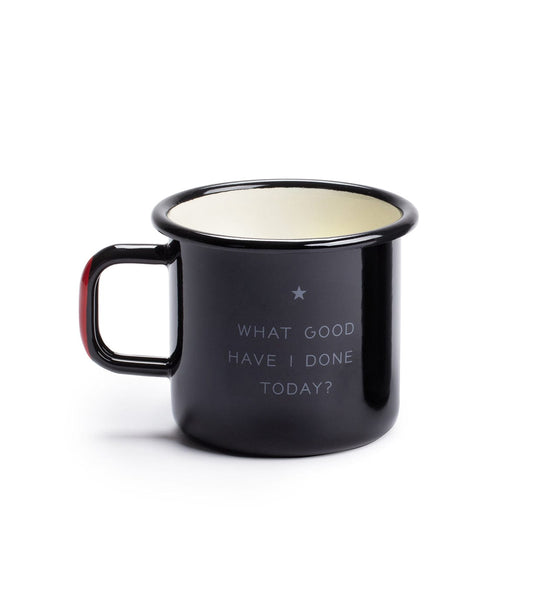 Black ceramic mug with a red handle interior, featuring the text WHAT GOOD HAVE I DONE TODAY? and a small star above the text.