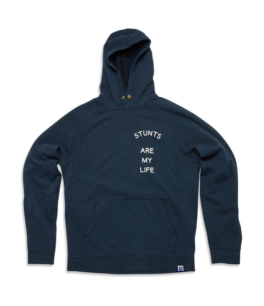 A black hoodie with the text STUNTS ARE MY LIFE printed in white on the front.