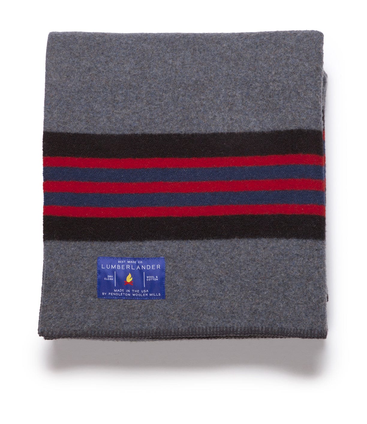 A folded gray wool blanket with black and red stripes and a blue label that reads Lumberlander.