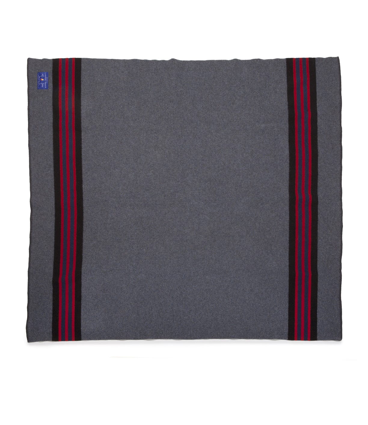 A rectangular gray blanket with two vertical black, red, and purple striped accents on each side.