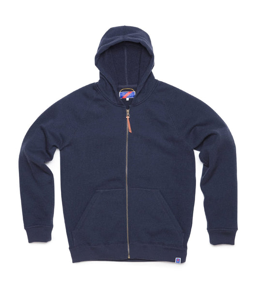 A navy blue zip-up hoodie with a front pocket and a drawstring hood, displayed on a white background.