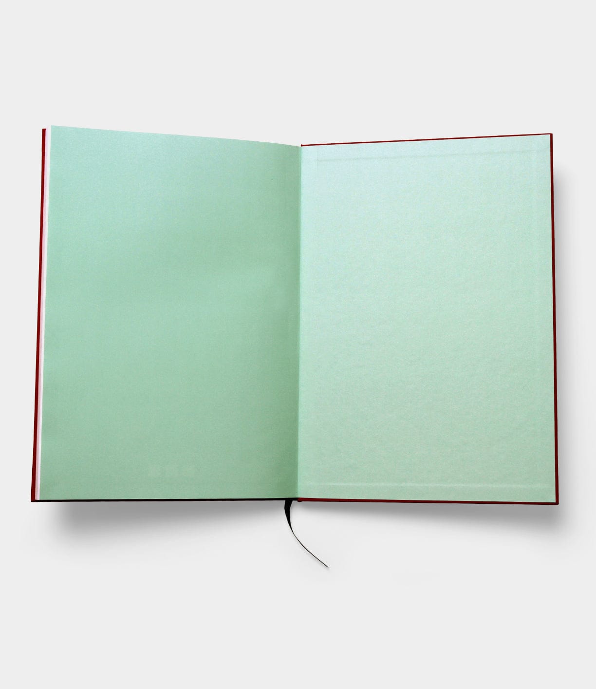 Open book with blank mint green pages and a black ribbon bookmark, set against a white background.