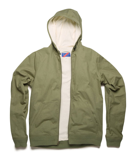 A green hooded jacket with a front zipper, ribbed cuffs and hem, and a light-colored lining. The jacket has two front pockets and a blue and red label inside the collar.