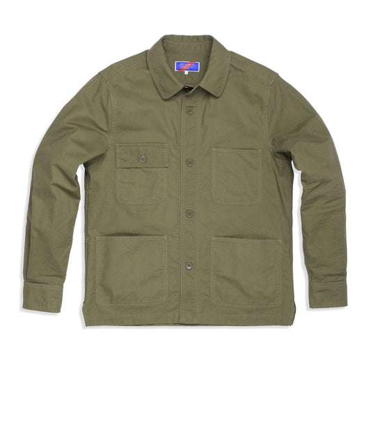 Khaki green button-up jacket with a collar, two chest pockets, and two lower front pockets.