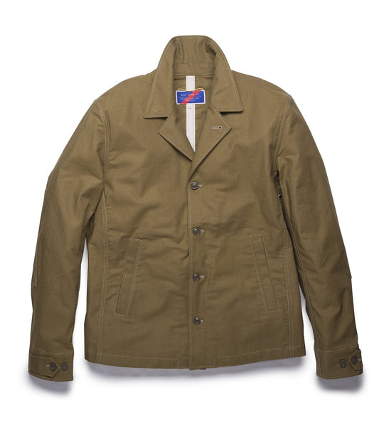 A khaki button-up jacket with a collar, front pockets, and buttoned cuffs, displayed on a white background.