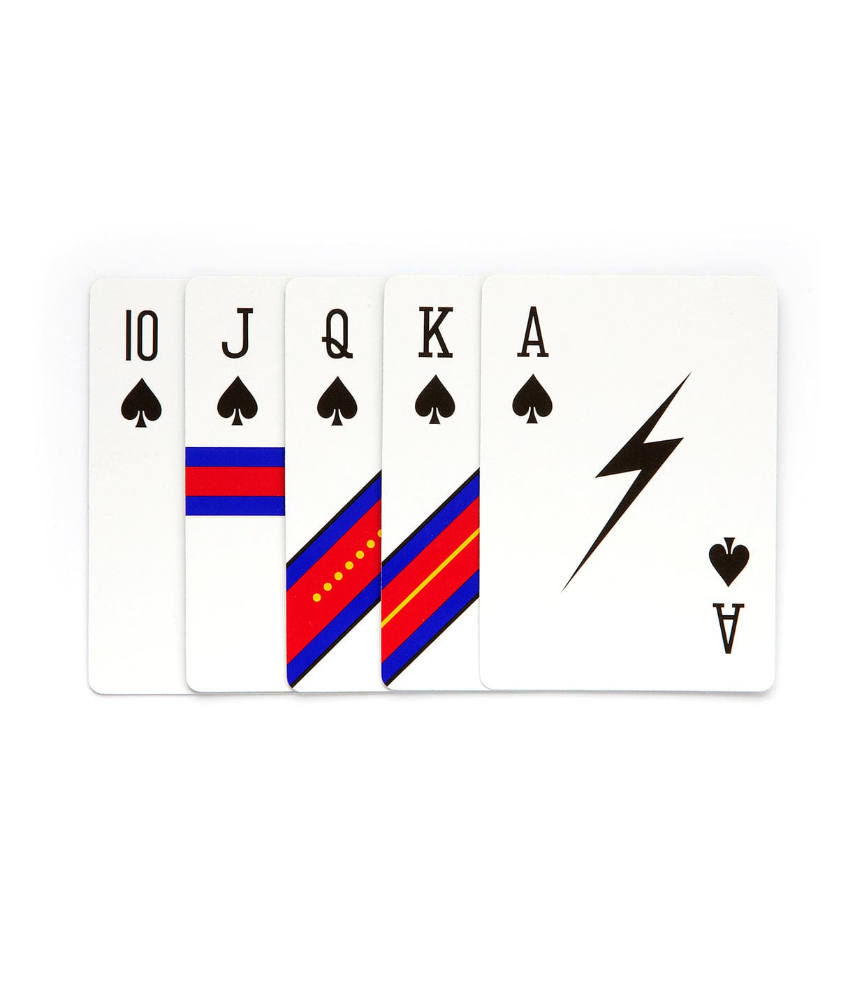 Playing cards showing a 10, Jack, Queen, King, and Ace of spades, with unique designs on the face cards and an Ace that has a lightning bolt instead of the traditional spade symbol.