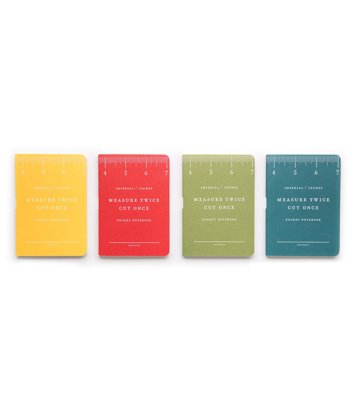 Four pocket-sized notebooks in yellow, red, green, and blue, each with a ruler graphic on the top and the text Measure Twice Cut Once on the cover.