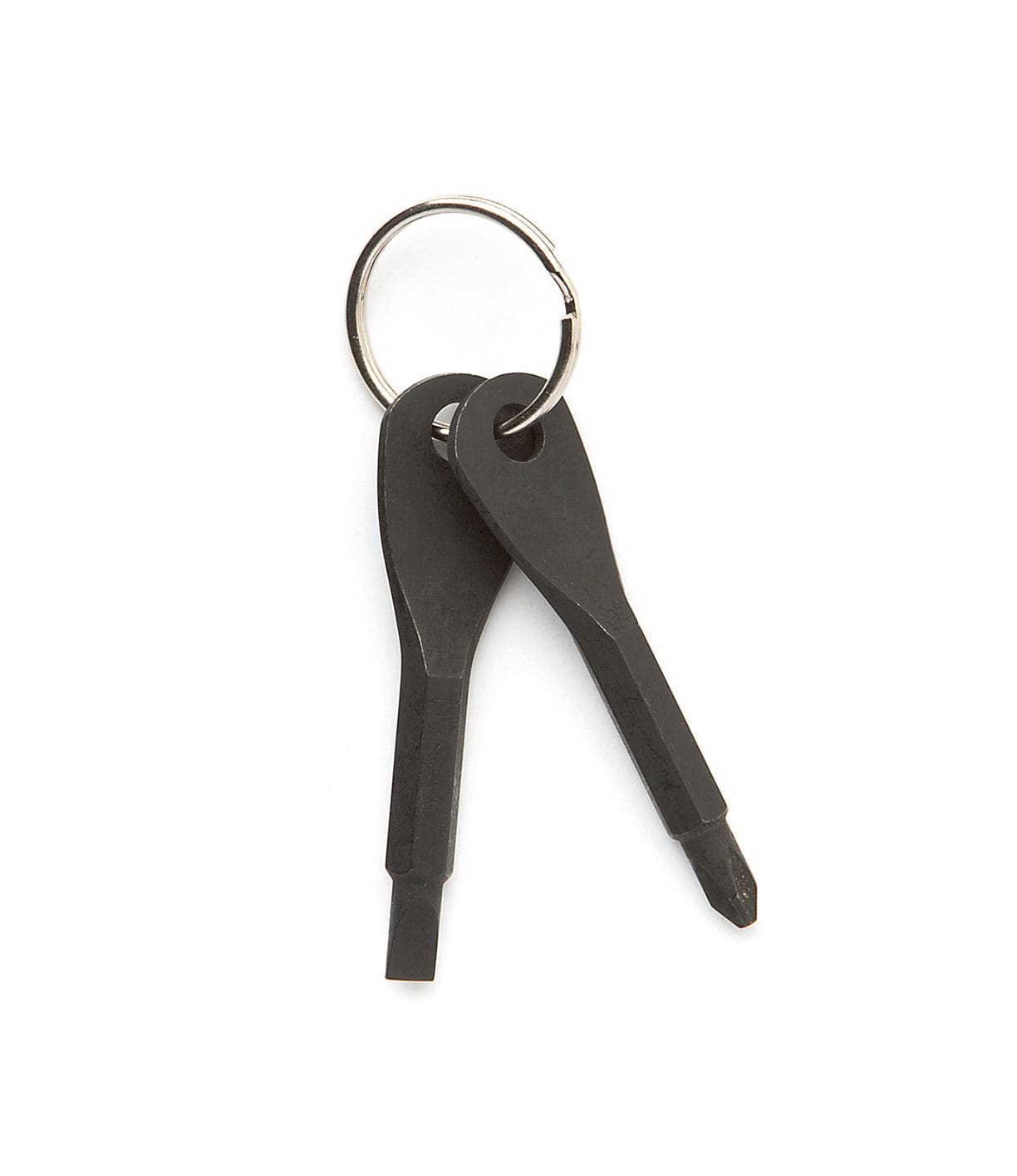 A keychain with two black screwdriver keys, one with a flat head and the other with a Phillips head, attached to a metal keyring.