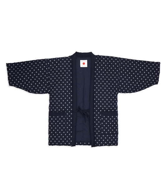 A traditional dark blue Japanese haori jacket with a dotted pattern, wide sleeves, and two front pockets, displayed on a plain background.