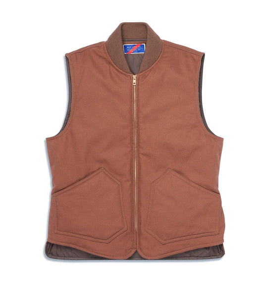 A brown zip-up vest with two front pockets and dark inner lining, displayed against a white background.