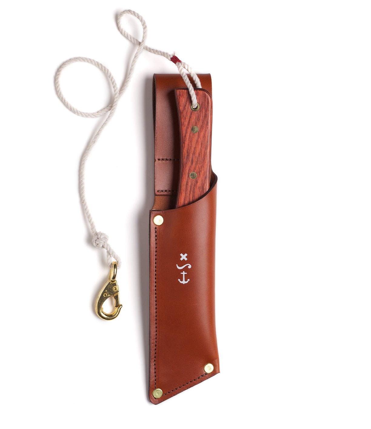 A knife with a wooden handle in a brown leather sheath with a rope and metal clip attached.