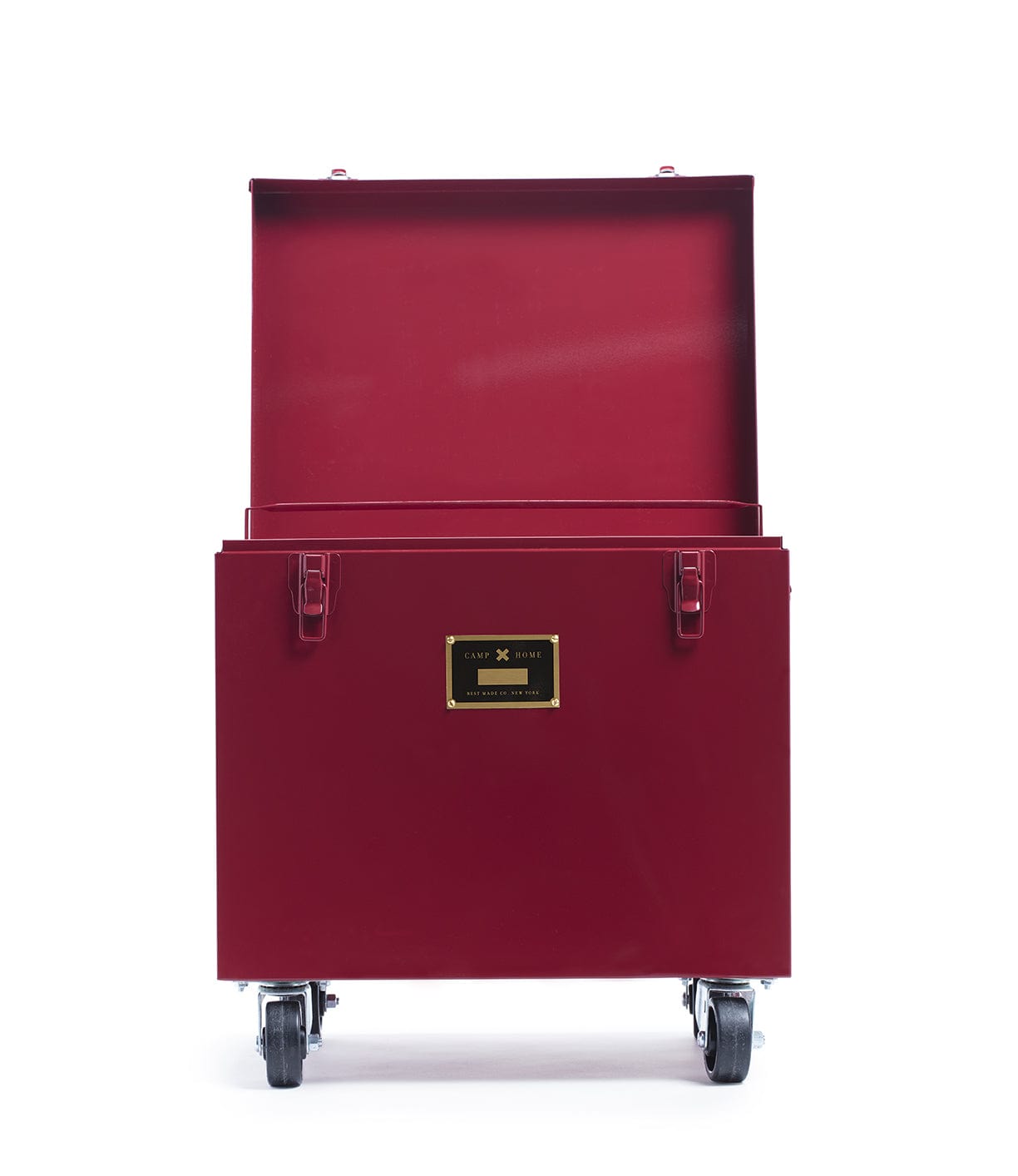 A large maroon storage chest on casters with an open lid and a plaque on the front.