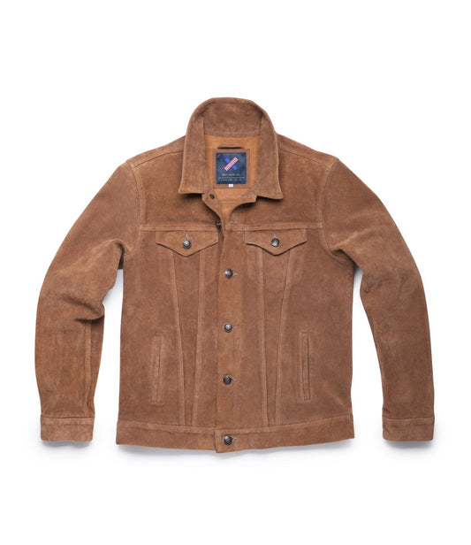 A brown suede jacket with button front closure, buttoned chest pockets and side slit pockets, displayed on a plain background.