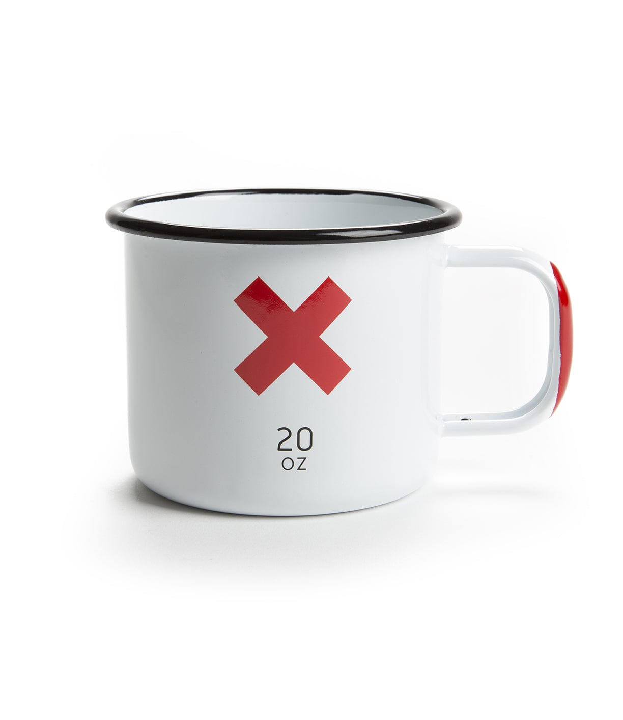 White mug with a black rim and handle edge, featuring a red X and 20 OZ printed below it.