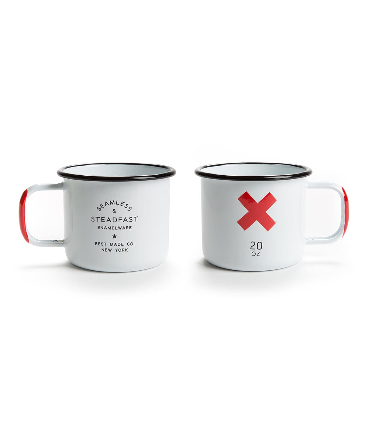 Two white enamel mugs with red handles. One mug has text Seamless & Steadfast Enamelware, Best Made Co., the other has a red X and 20 OZ.