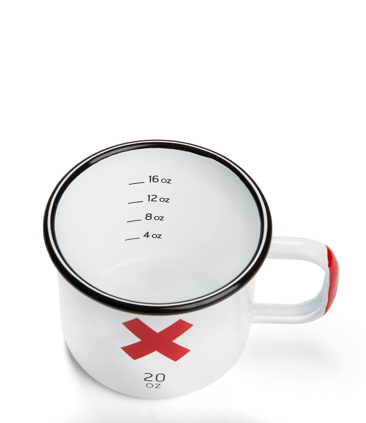 White mug with a red ‚ÄúX‚Äù on the front and measurement lines inside indicating 4 oz, 8 oz, 12 oz, and 16 oz levels, with a total capacity of 20 oz.