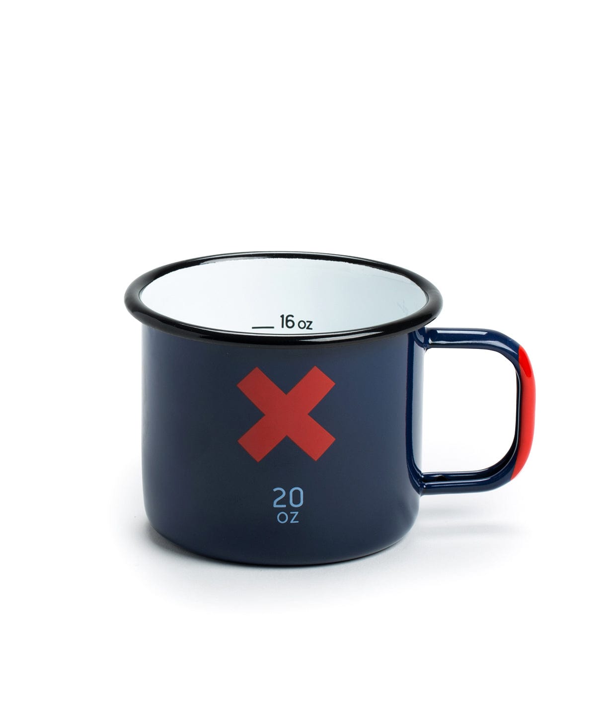 A dark blue enamel mug with a red 'X' on the side. The inside of the mug is marked with measurements, indicating 20 oz and 16 oz levels. The handle has a red tip.