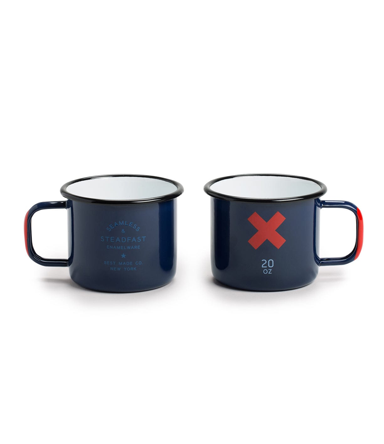 Two dark blue enamel camping mugs with red handles and white interiors. One has a logo with text, the other has a red 'X' and '20 oz' printed on it.