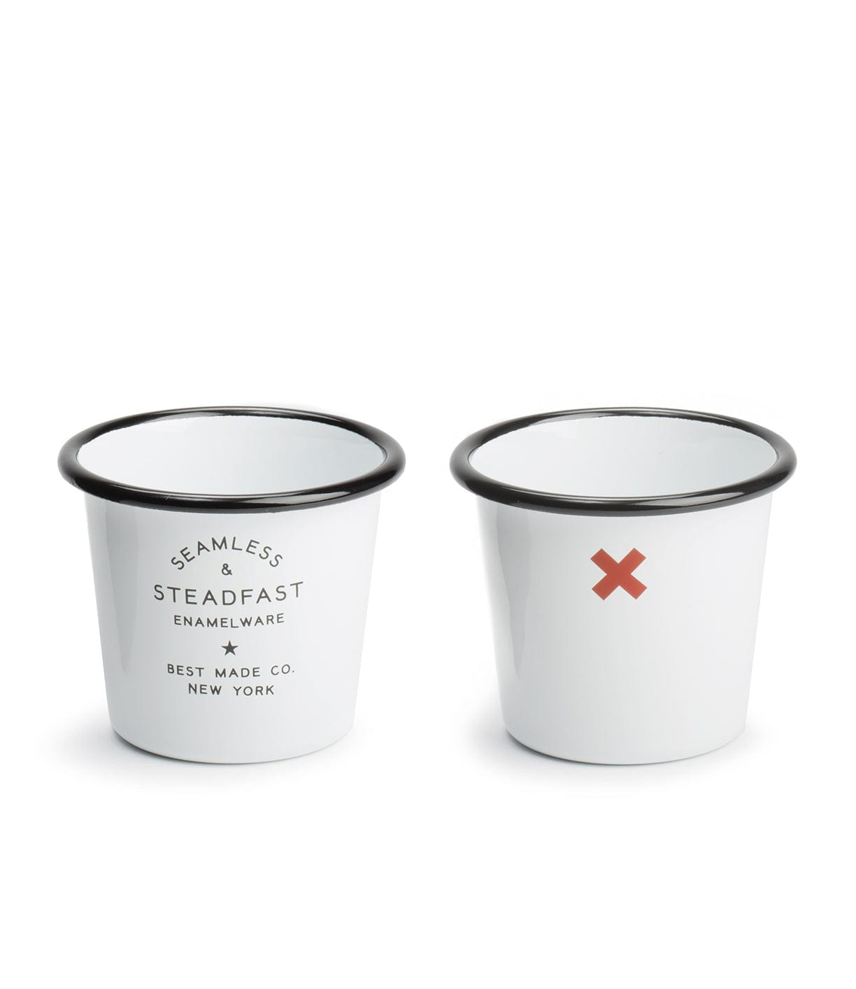 Two white enamel cups with black rims. The left cup has text and star, while the right cup features a red X.