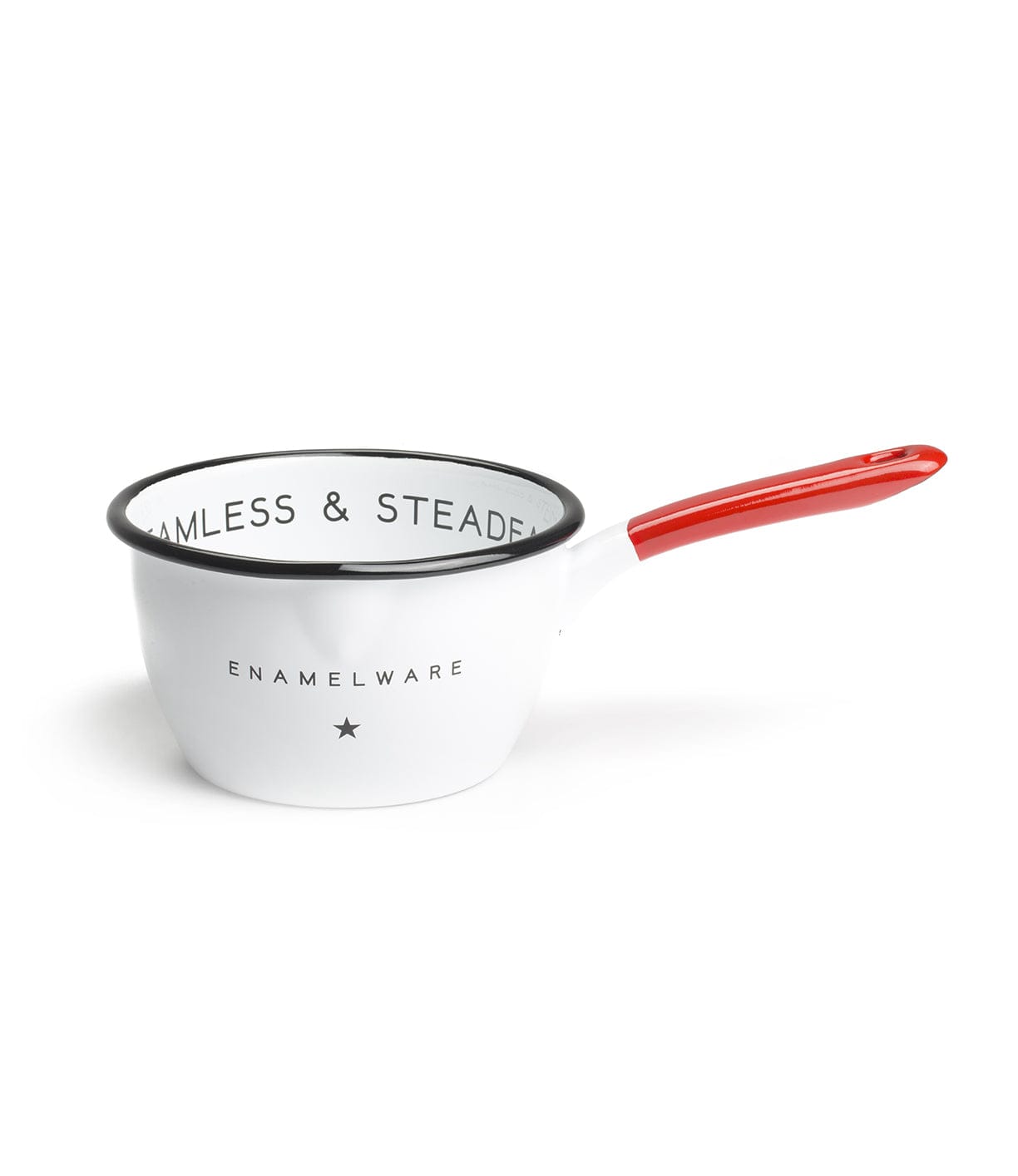 White enamel saucepan with a black rim, red handle, and the text Seamless & Steadfast Enamelware printed on the side.