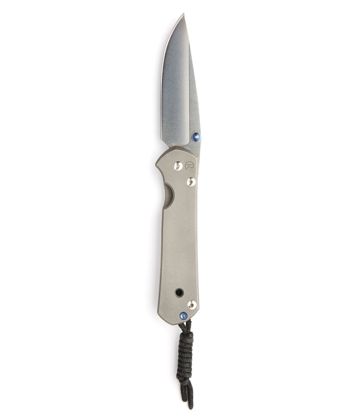 A folding knife with a silver handle and blade, featuring a thumb stud for opening mechanism, and a black lanyard attached to the handle.