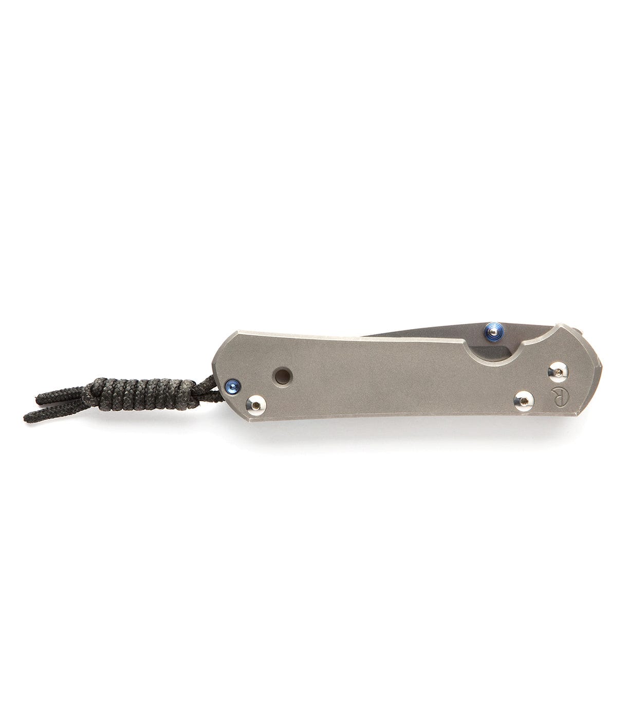 A closed folding knife with a grey handle and lanyard attached at the end, positioned against a white background.